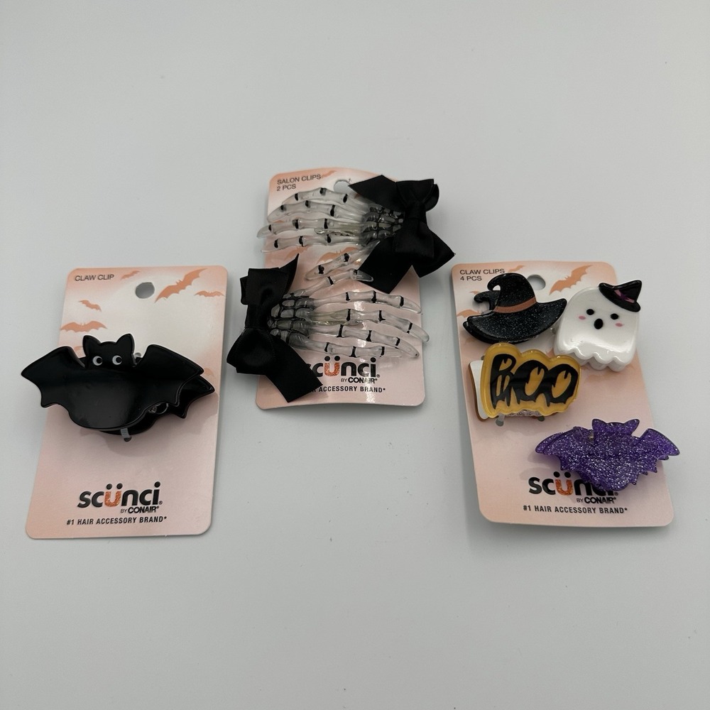 SCUNCI by Conair Halloween Hair Accessories Clips Bat Ghost‎ Skeleton Set of 3